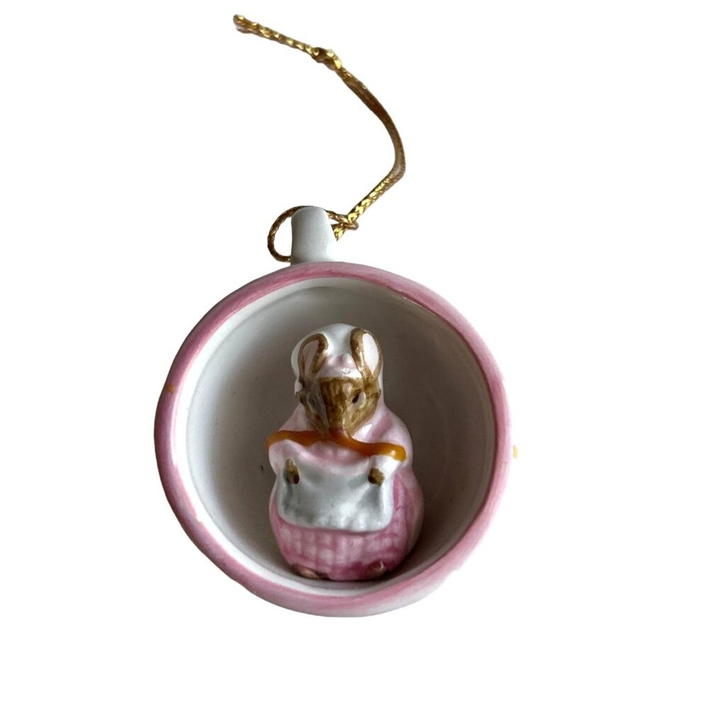 Schmid 1990 F. Warne & Co. Pink White Porcelain Mouse Ornament With Gold String